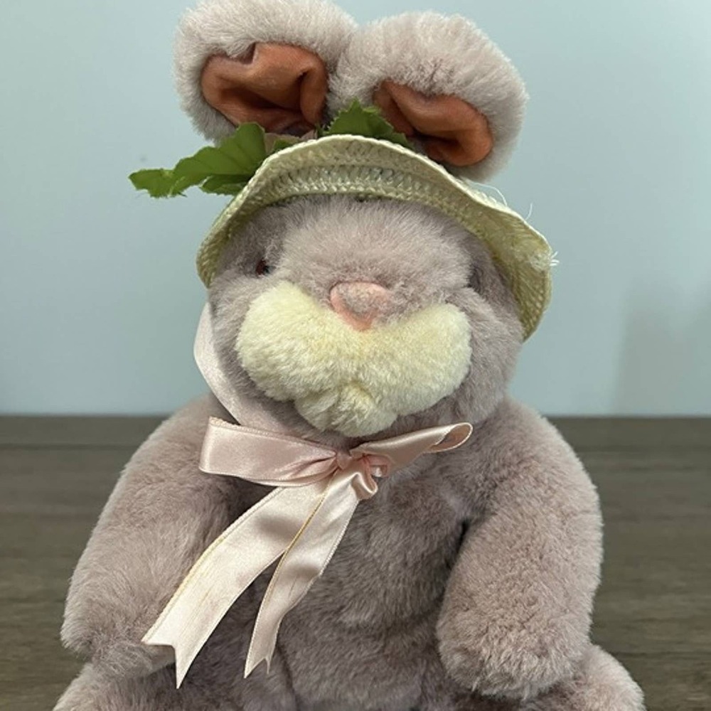 Vintage Tb Trading Co Bunny Rabbit Plush Straw Hat Pink Ribbon Easter Mauve Gray
